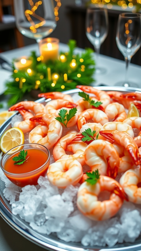 Chilled shrimp cocktail on a platter with cocktail sauce, lemon wedges, and parsley, set on a festive New Year